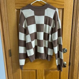 Brown and Cream Checkered Women's Sweater